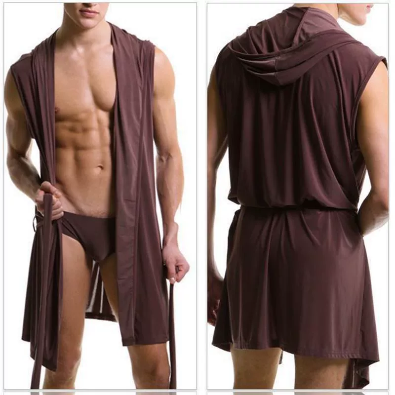 Безрукав robe из шёлка для мужчин, худой вес, осенний халат с капюшоном, дышащая мягкая ткань