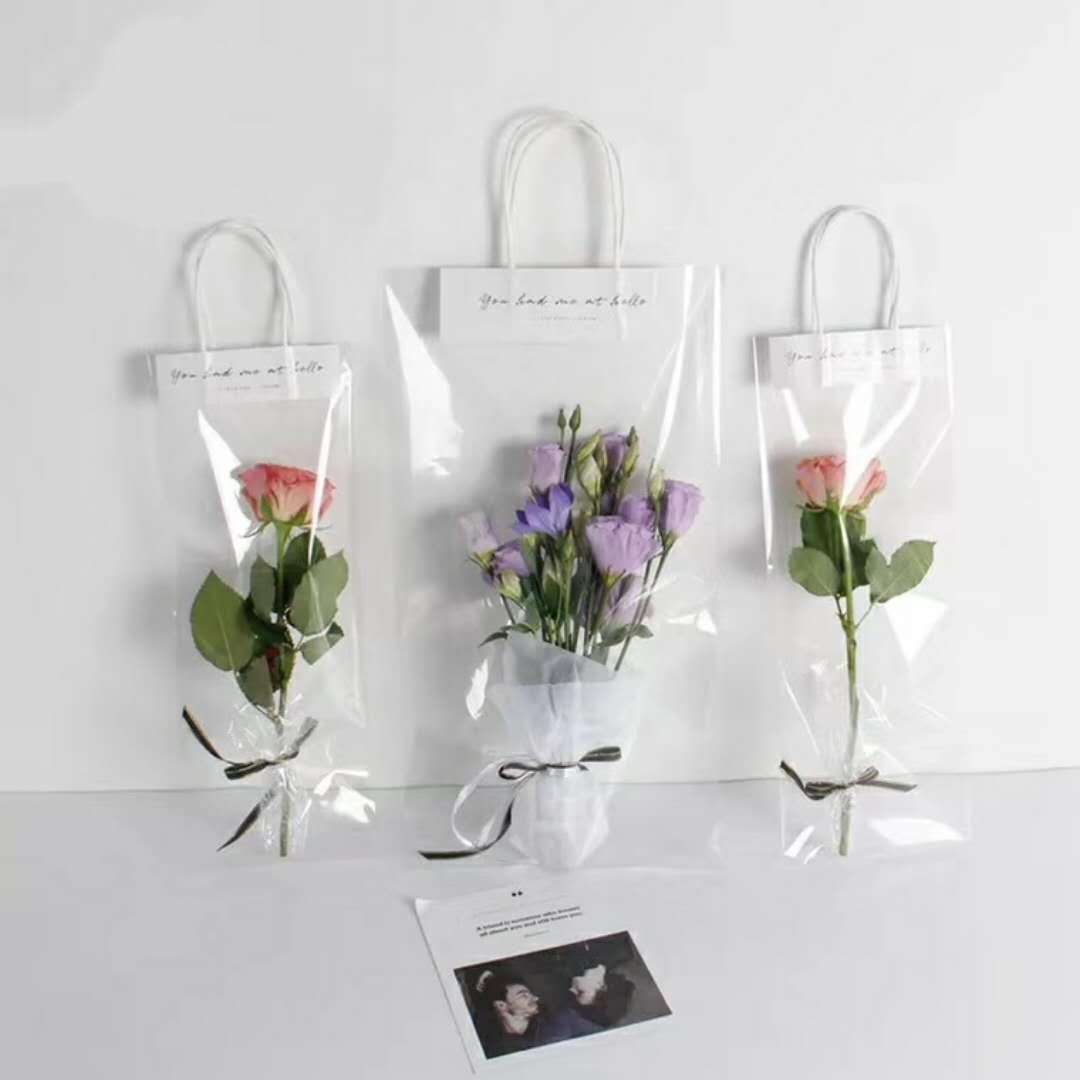 网红新品同款鲜花包装袋PVC防水拎花ins风花店用品鲜花透明手提袋