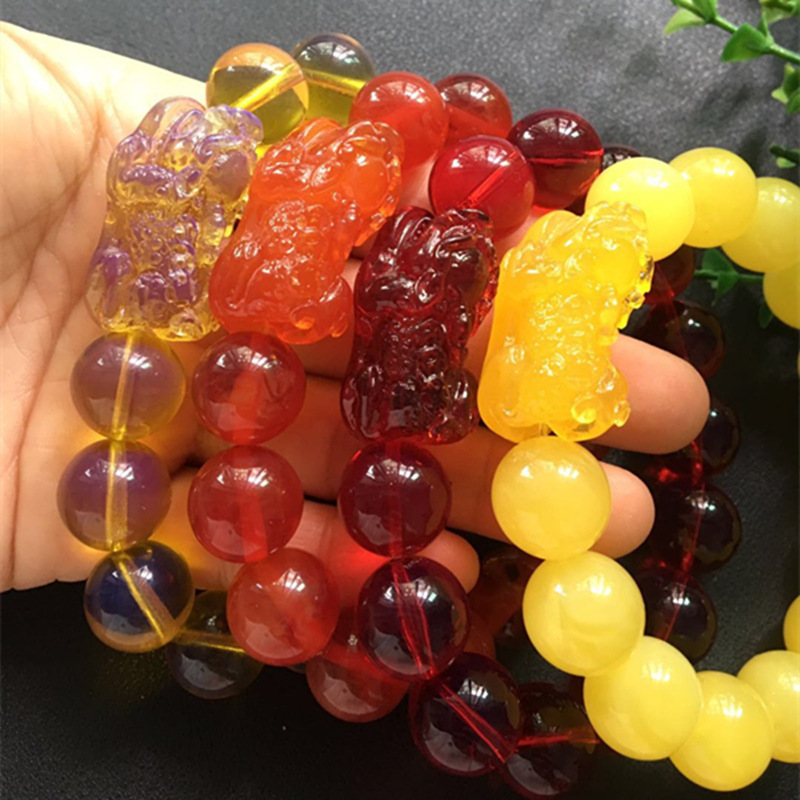 厂家批发琥珀蜜蜡貔貅情侣饰品男女士蓝珀手链老蜡手串14M手饰