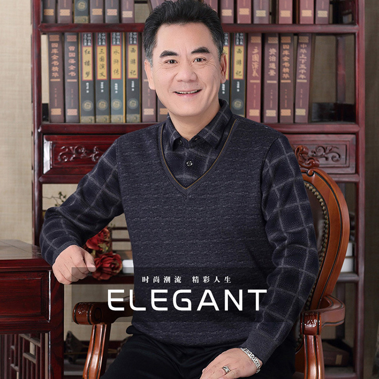 Invierno ropa de hombre de mediana edad y ancianos forrada de lana engrosada falso suéter cálido de dos piezas suéter de invierno de padre de hombre de mediana edad