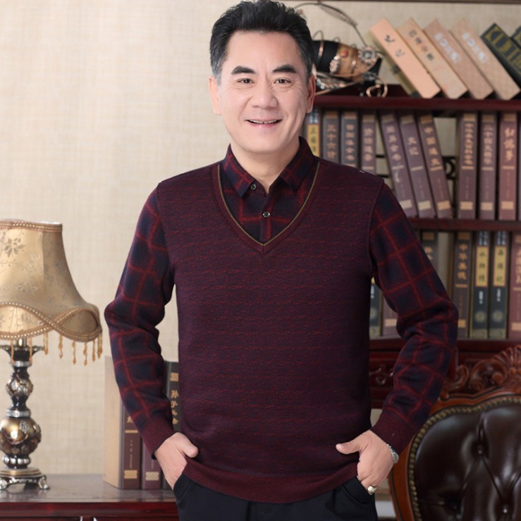 Invierno ropa de hombre de mediana edad y ancianos forrada de lana engrosada falso suéter cálido de dos piezas suéter de invierno de padre de hombre de mediana edad