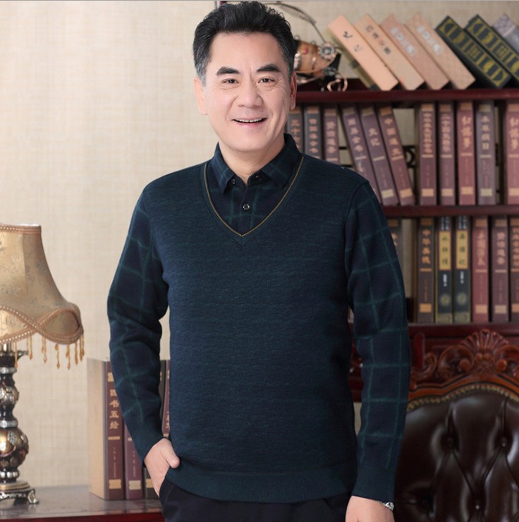 Invierno ropa de hombre de mediana edad y ancianos forrada de lana engrosada falso suéter cálido de dos piezas suéter de invierno de padre de hombre de mediana edad