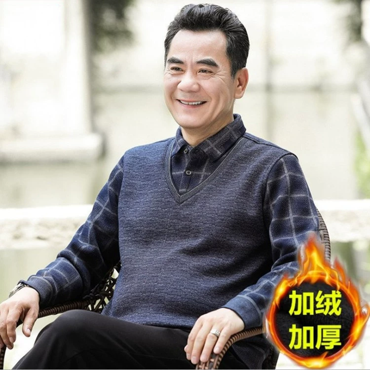 Утолщенный свитер на флисовой подкладке для мужчин среднего и пожилого возраста, мужской Папа носит поддельный топ с лацканами из двух частей, зимний дедушка носит толстую теплую одежду
