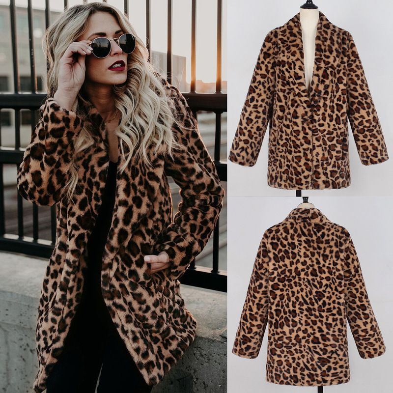 2018 Women's Fur Coat Winter Warm Fashionable Leopard Faux Fur Collar Jacket Stylish Casual Mid-Length