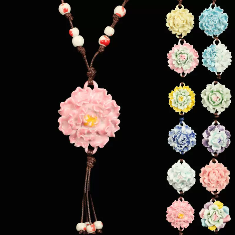 陶瓷饰品花朵毛衣链长款项链女青花瓷 民族风 牡丹玫瑰荷花摆地摊