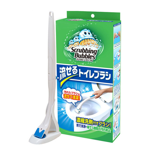 Disposable flushable toilet brush replacement no-dead-sink toilet cleaning brush containing concentrated detergent