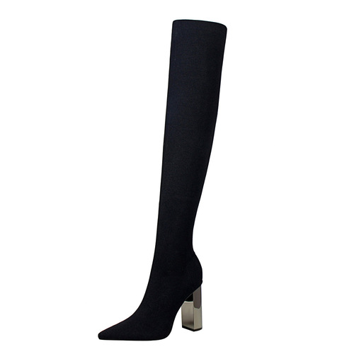 3128-1 European and American fashion simple metal heel thick heel high heel pointed toe sexy nightclub slim woolen over-the-knee boots