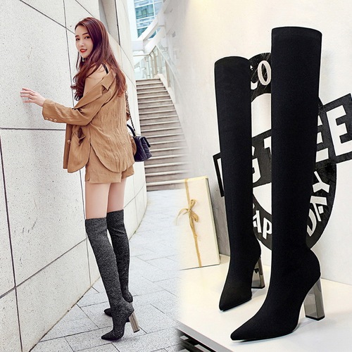 3128-1 European and American fashion simple metal heel thick heel high heel pointed toe sexy nightclub slim woolen over-the-knee boots