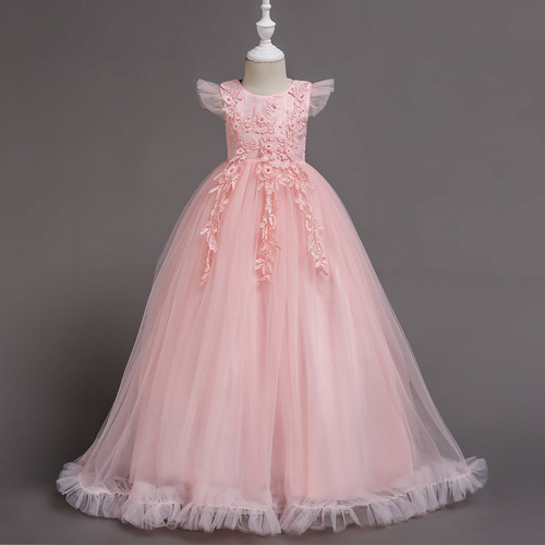 Cross-border new children's princess dress for girls, lace wedding dress with floor-length skirt, formal dress for older children with lace trim