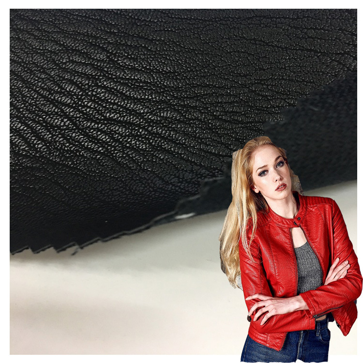 超柔四面弹加绒服装pu荔枝纹皮革面料柔软细纹软包皮料黑色人造革