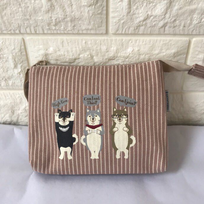 出口日本棉质帆布三层刺绣柴犬零钱包口红粉饼包收纳