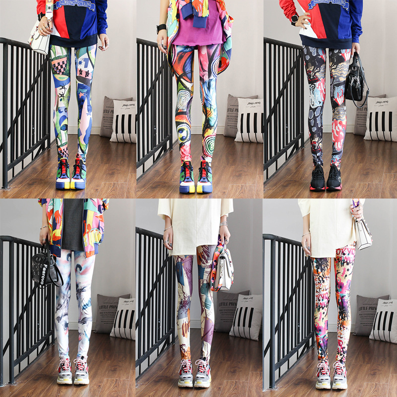 Cross-border European and American leggings women's autumn and winter floral yoga graffiti pencil pants printed trousers plus size cropped pants women