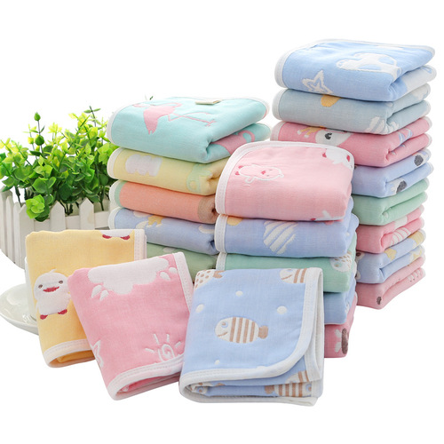 Six-layer pure cotton children's towel, infant and toddler gauze small towel wrapped face towel, 6-layer cartoon jacquard hand towel