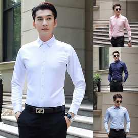 男士白衬衣青年韩版潮修身新款男式长袖衬衫纯色免烫寸衫一件代发