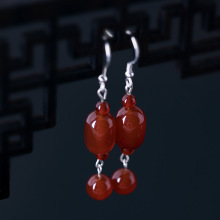 素十八s925银民族风手工diy红玛瑙圆珠耳环女复古国潮桶珠耳饰品