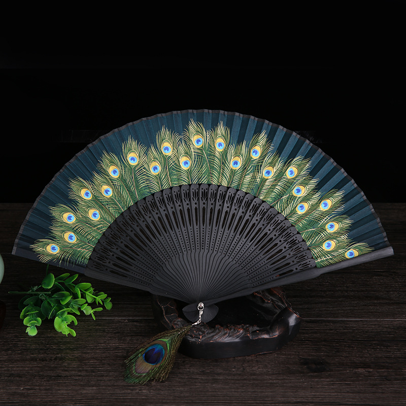 中国风孔雀扇精美女式丝绸绢扇礼品折扇舞蹈扇女扇子亚马逊扇