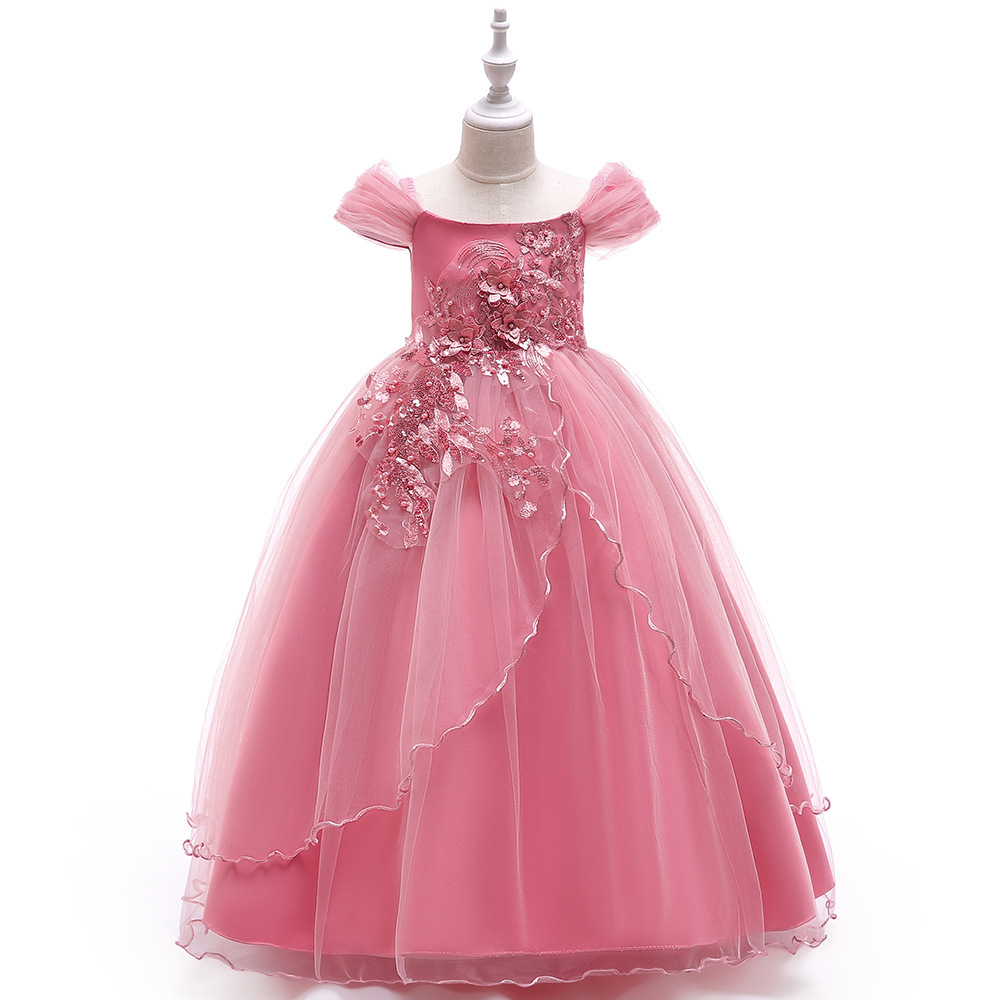 2024 European and American children's long dress off-shoulder long dress flower girl's wedding dress fluffy skirt host piano costume