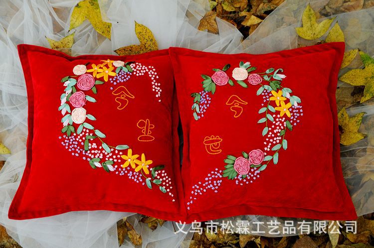 Oujin seda cinta bordado almohada DIY material paquete cojín almohada festiva boda franela roja flor salón dormitorio