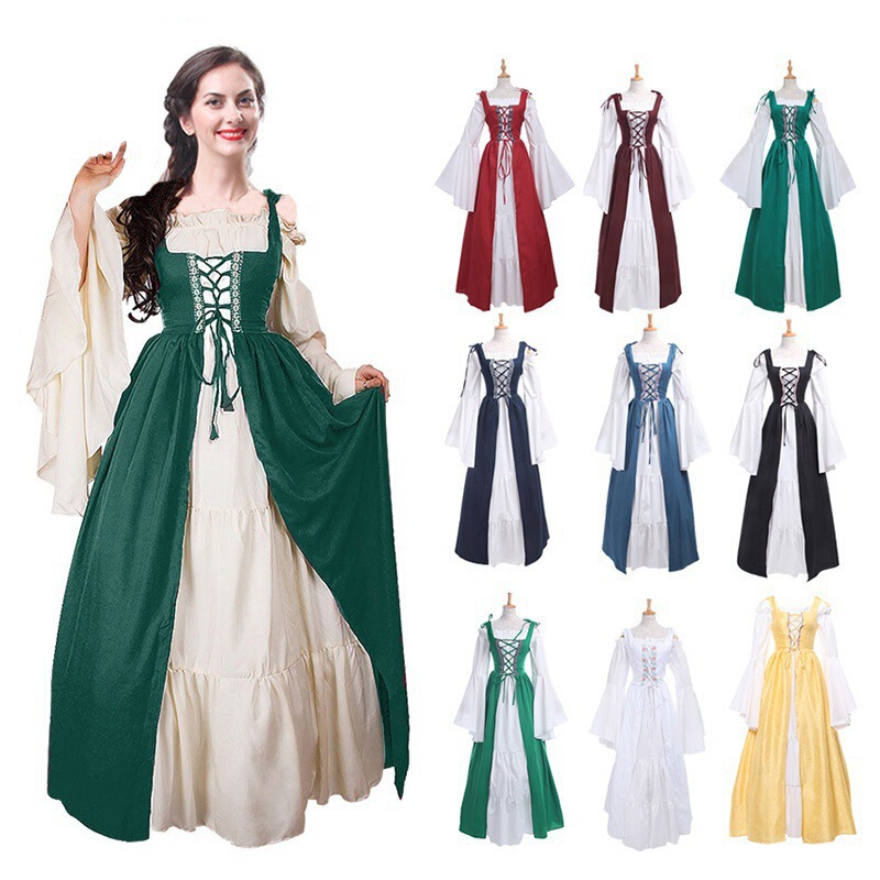 2025 Amazon European and American Square-Neck Cinched Waist Medieval Renaissance Retro Dress