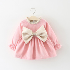 Q157 Girls' Spring New Thick Fleece Long-Sleeve Dress with Large Bow Tie, Children's Dress