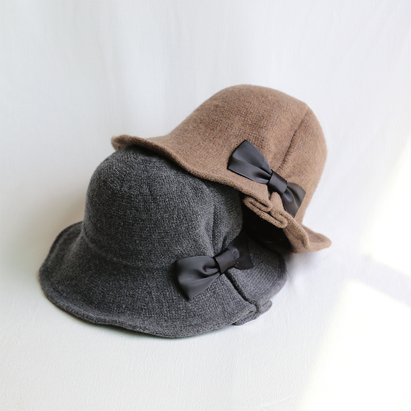 秋冬天女士新款蝴蝶结羊毛渔夫帽大沿毛呢韩国毛线针织韩版潮盆帽