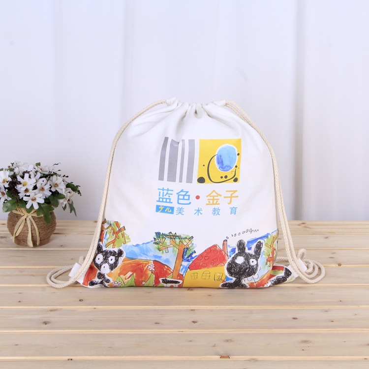 批发环保收纳帆布束口袋可印logo卡通彩印学生背包抽绳帆布袋