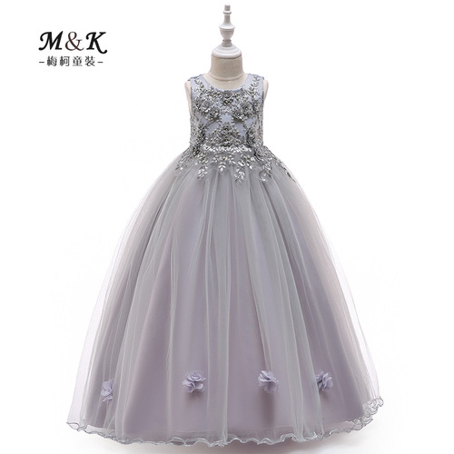 2024 New Children's Long Dress Floral Beaded Gray Princess Dress for Girls Fashion Show Performance Wedding Dress Ball Gown Dress