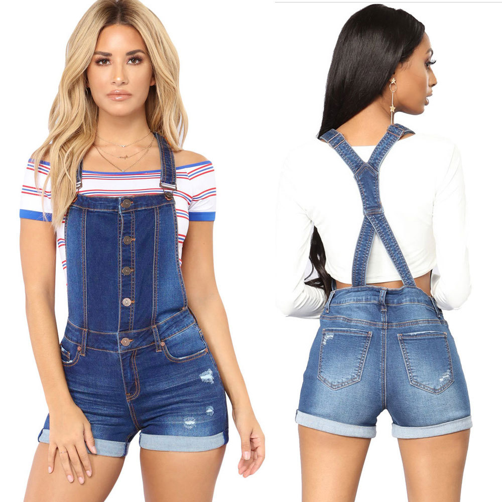 Primavera Amazon Europa y América ripped hip lifting suspender curling jeans deseo Pantalones Cortos de fábrica en las ventas Al Por Mayor