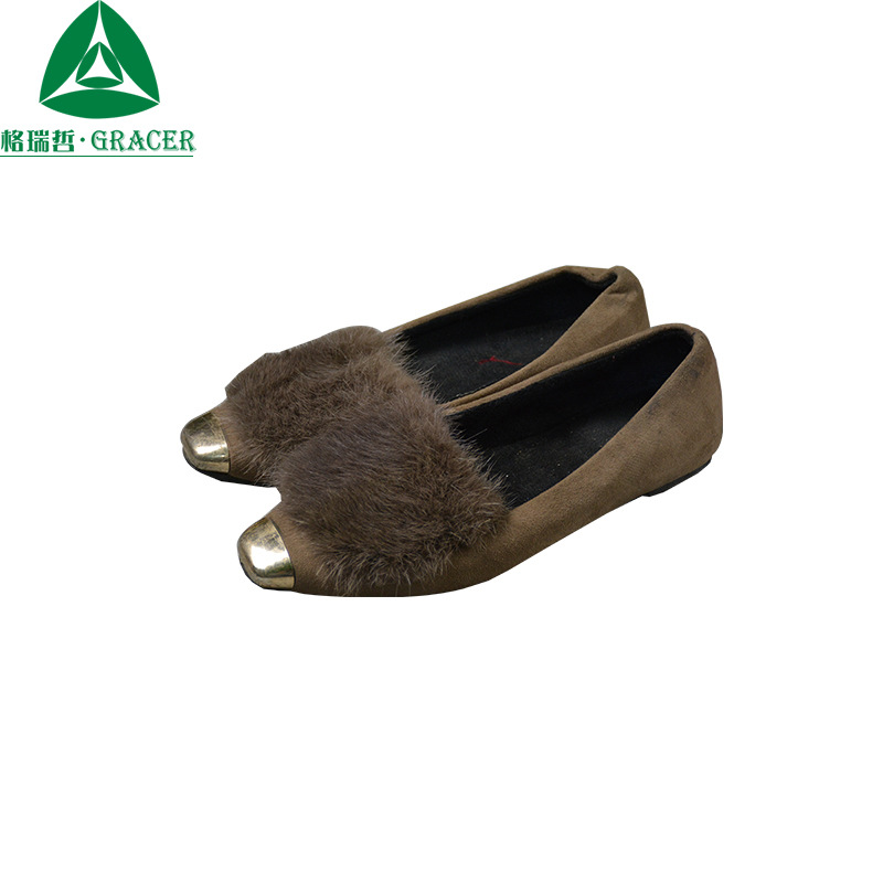 平跟浅口单鞋百搭新款女鞋尖头灰色毛球瓢鞋 跨境出口匈牙利 阿曼