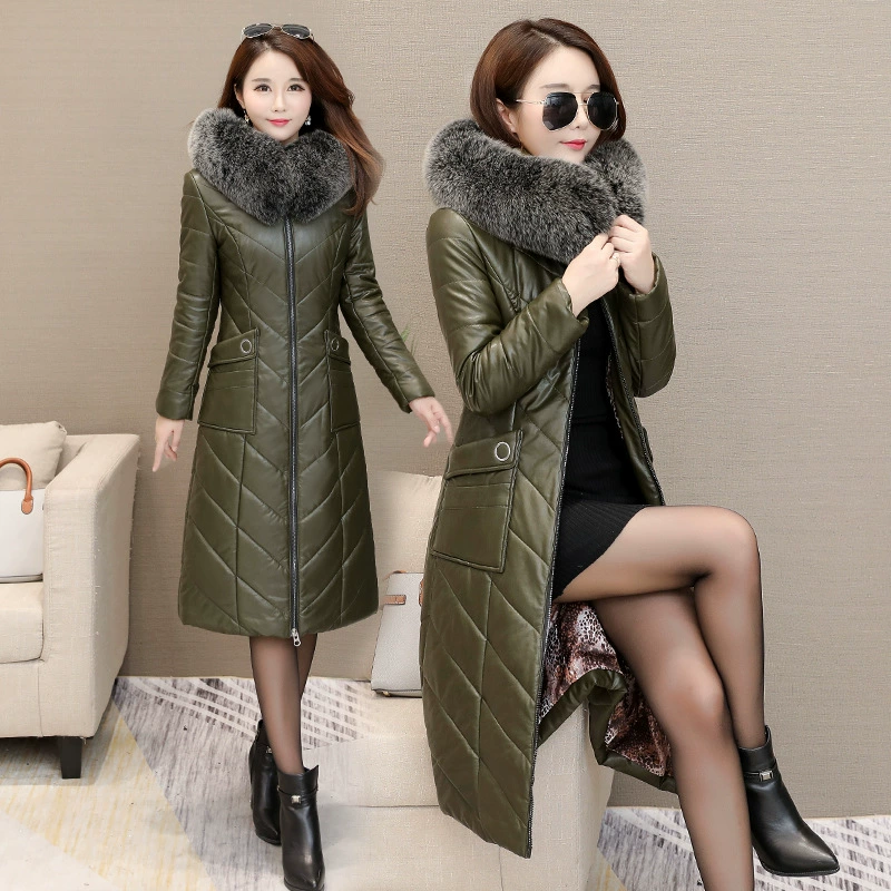 Новый зимний кожаный пуховик, женская одежда для мам среднего возраста, пальто из натурального Лисьего меха с воротником-пухом, кожаное пальто с капюшоном