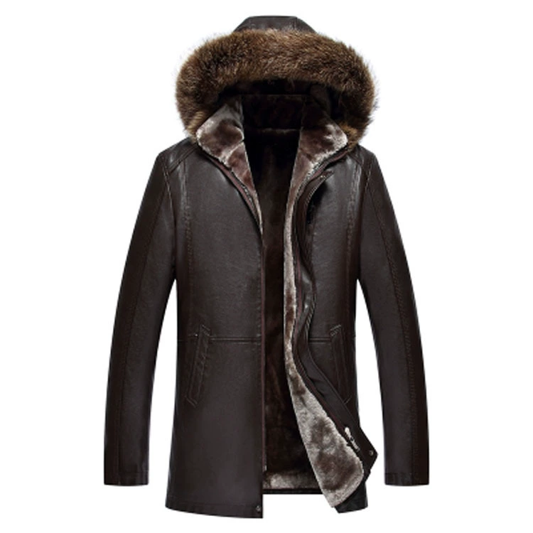 Men's Fur-Trimmed Faux Leather Coat, Thick Plush Lining, Winter Warm Parka