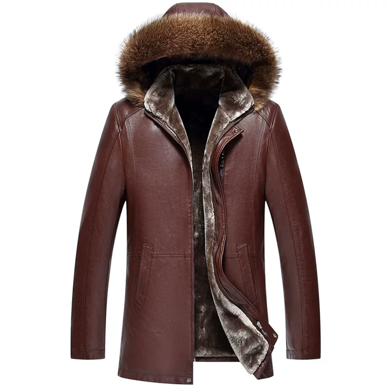 Men's Fur-Trimmed Faux Leather Coat, Thick Plush Lining, Winter Warm Parka