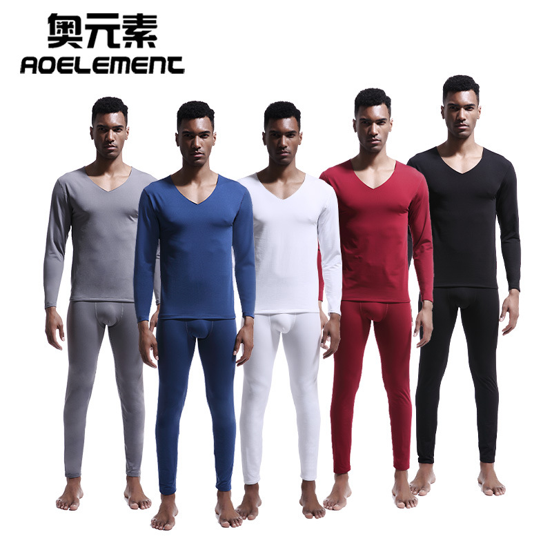 Ropa de otoño juvenil pantalones largos de color sólido de los hombres con cuello en V sin costuras de terciopelo Delgado engrosado de fondo ropa interior térmica traje de ventas directas de fábrica