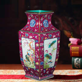 仿古描金珐琅彩扒花纹四方花鸟花瓶陶瓷装饰摆件客厅