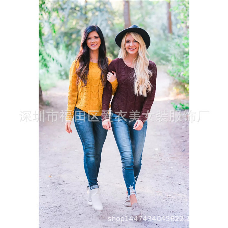 Autumn and Winter New Women's Clothing European and American Pure Color Round Neck Pullover Hole Twist Sweater Cross-border Aliexpress Hot