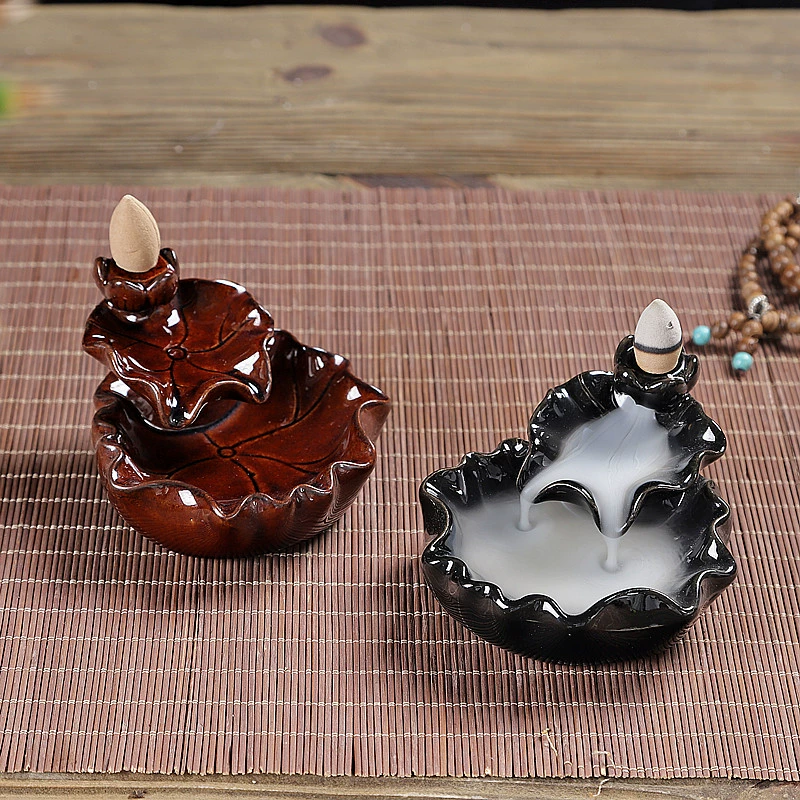 Ceramic Backflow Incense Burner, Lotus Inverted Design, Decorative Buddha Incense Holder