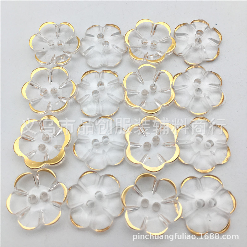 Spot wholesale transparent two-eye plum blossom acrylic button gold edge silver edge Crystal lace bowl shaped shirt button