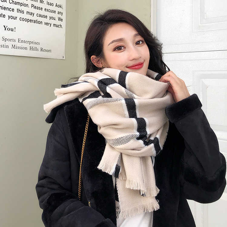 韩版时尚百搭双面经典格子围巾秋冬加大仿羊绒流苏保暖披肩学生女
