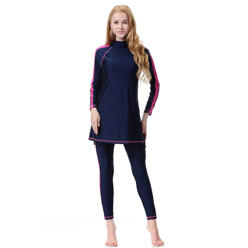 Cross-Border Hot Selling Women's Contrasting Color Conservative Swimsuit Hooded Split Sun Protection Swimsuit Hot Spring Seaside Travel