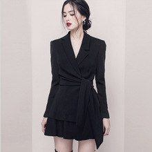 春秋欧美时尚洋气女装外套短裙气质长袖V领黑色显瘦不规则套装裙