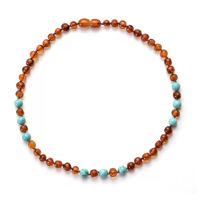 baltic amber原矿琥珀宝宝项链 松石紫水晶婴儿出牙琥珀项链