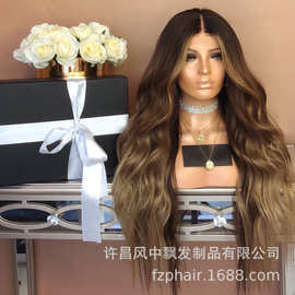 欧美假发头套中分染色渐变非洲黑人深棕色长卷发波浪发 一件代发