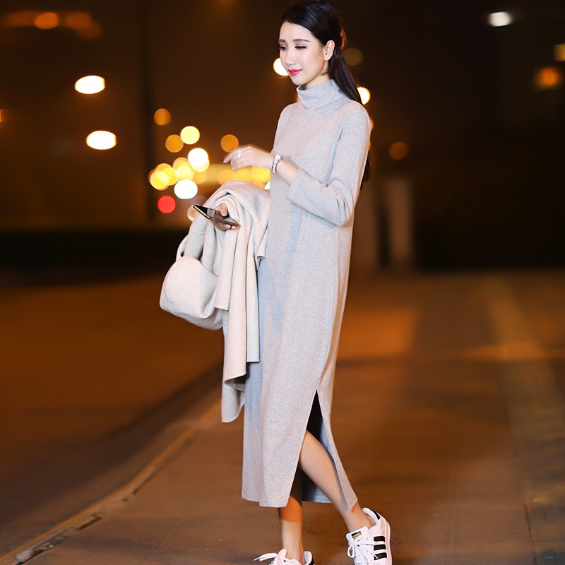 Papaya Milk Spring and Autumn New Fashion Slimming Knitted Dress Korean Casual Slim-fit High Collar Mid-length Base Shirt