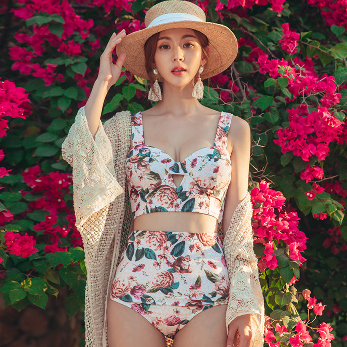 韩版三件套 热带风情印花显瘦聚拢性感比基尼连体沙滩温泉泳衣女