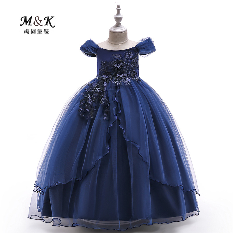 2024 European and American children's long dress off-shoulder long dress flower girl's wedding dress fluffy skirt host piano costume