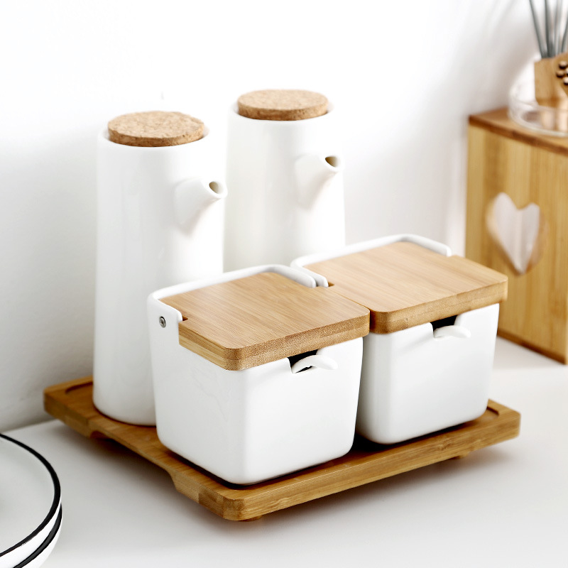 Jarra de condimento de cerámica del hogar de estilo japonés caja de condimento botella de aceite vinagre olla salsa olla almacenamiento condimento tarro traje de combinación múltiple