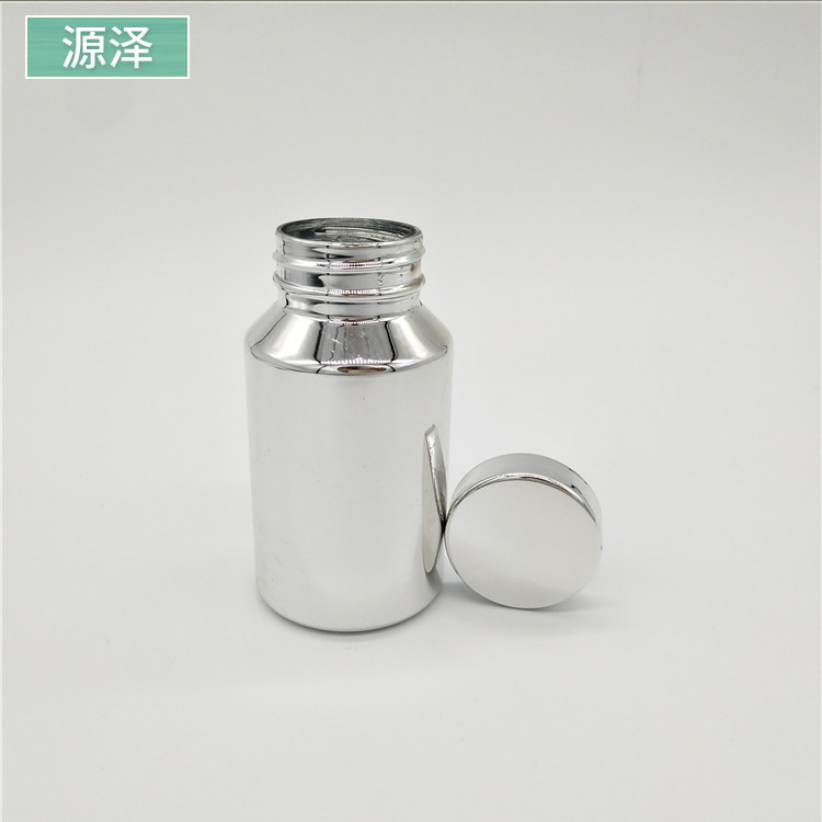 食品级150ML电镀银色保健品胶囊瓶PET斜肩圆瓶高端包装瓶品质之选