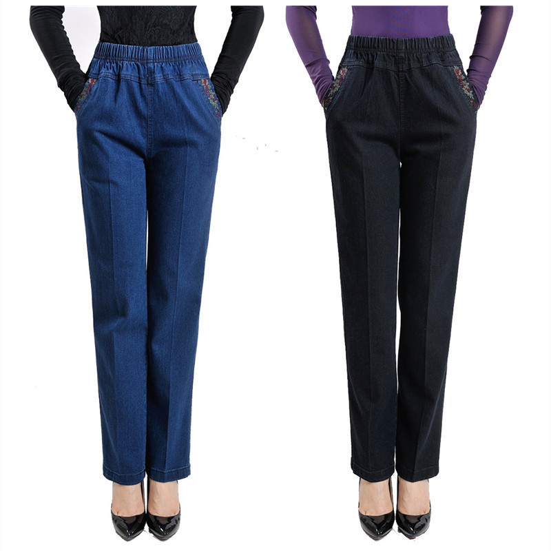Middle-aged and elderly women's pants middle-aged women's jeans high waist plus size loose mom wear Denim trousers elastic waist pants