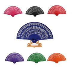 Wholesale dyed/painted colored fragrant wood folding fans, handicraft folding fans, flower carvings, wedding wooden fans