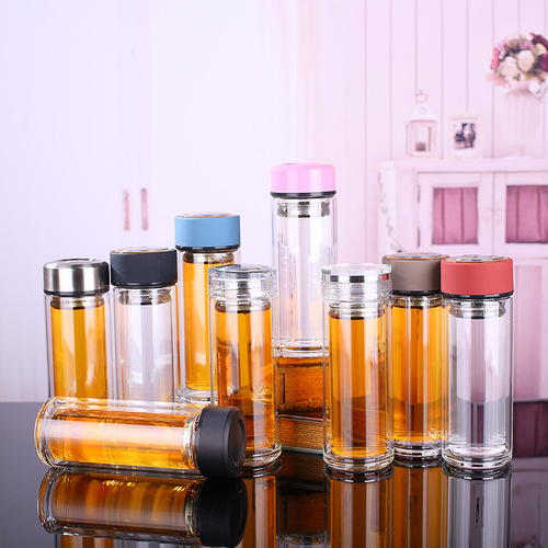 Double-layer glass cup for men and women, household, office, portable with lid, transparent, insulated, bubble tea cup, printed with logo